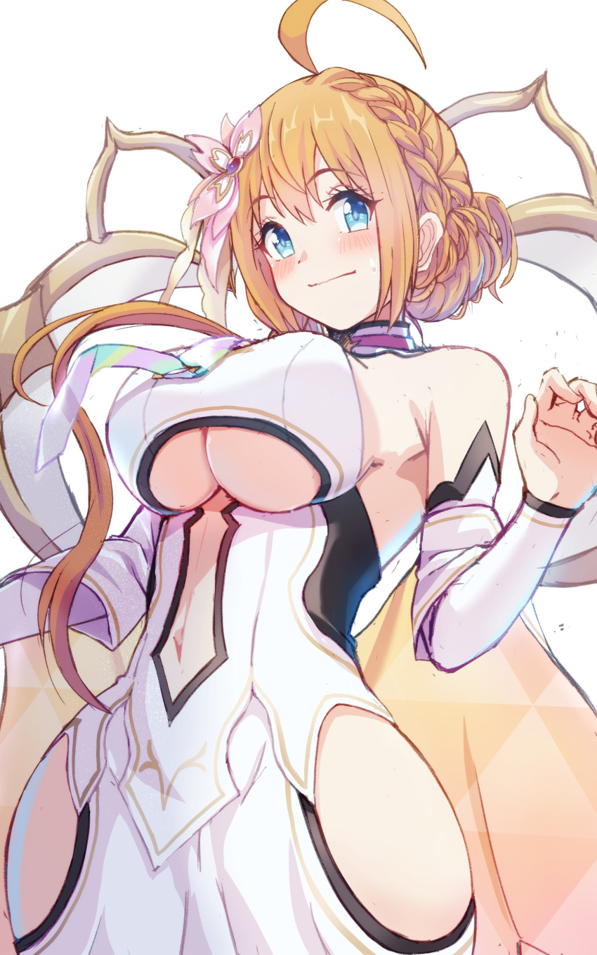 absurdres ahoge armpits blue_eyes braid breasts clothing_cutout cosplay dress highres hip_vent huge_ahoge large_breasts long_hair navel_cutout orange_hair pecorine_(princess_connect!) princess_connect! rabenga sleeveless sleeveless_dress underboob_cutout yui_(astral)_(princess_connect!) yui_(princess_connect!) yui_(princess_connect!)_(cosplay)