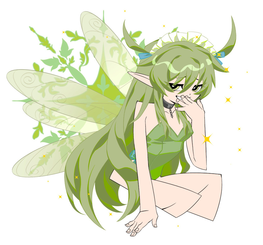 1girl bare_arms bare_legs black_souls blue_ribbon collar fairy fairy_wings green_eyes green_hair green_leotard green_wings grin hair_ribbon highres leaf_(black_souls) leotard long_hair looking_at_viewer maid_headdress petalesouple404 pointy_ears ribbon simple_background smile solo very_long_hair white_background wings
