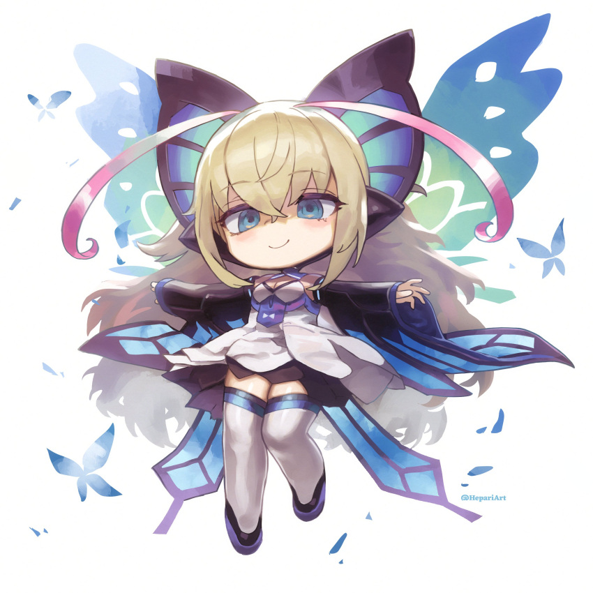 1girl absurdres antenna_hair azure_striker_gunvolt bare_shoulders black_sleeves blonde_hair blue_eyes breasts bug butterfly butterfly_hair_ornament butterfly_wings chibi cleavage detached_sleeves dress energy_wings glowing_butterfly hair_ornament hepari highres idol insect_wings long_hair long_sleeves lumen_(gunvolt) multicolored_hair pink_hair simple_background smile solo strapless strapless_dress thighhighs twitter_username two-tone_hair white_background white_dress white_thighhighs wide_sleeves wings