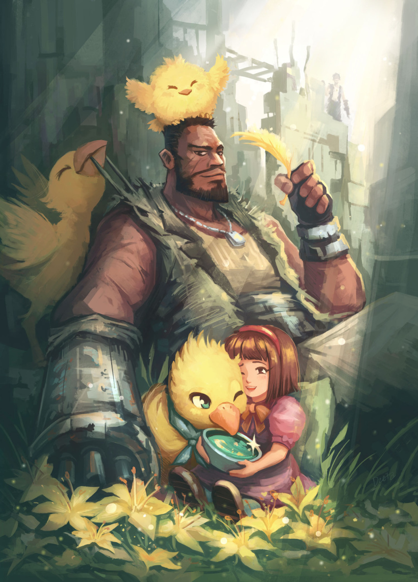 1boy 1girl arm_cannon barret_wallace beard bird bow bowl brown_eyes brown_hair child chocobo commentary creature dark-skinned_male dark_skin day dog_tags dress dzeta english_commentary facial_hair father_and_daughter feathers final_fantasy final_fantasy_vii fingerless_gloves flower full_beard gloves hairband highres holding holding_bowl light_rays light_smile looking_at_viewer making-of_available marlene_wallace medium_hair muscular muscular_male mustache pink_dress plant puffy_short_sleeves puffy_sleeves ruins scar scar_on_face shoes short_hair short_sleeves signature sitting size_difference sleeveless sparkle sunbeam sunlight torn_clothes vest weapon yellow_bird yellow_feathers yellow_flower