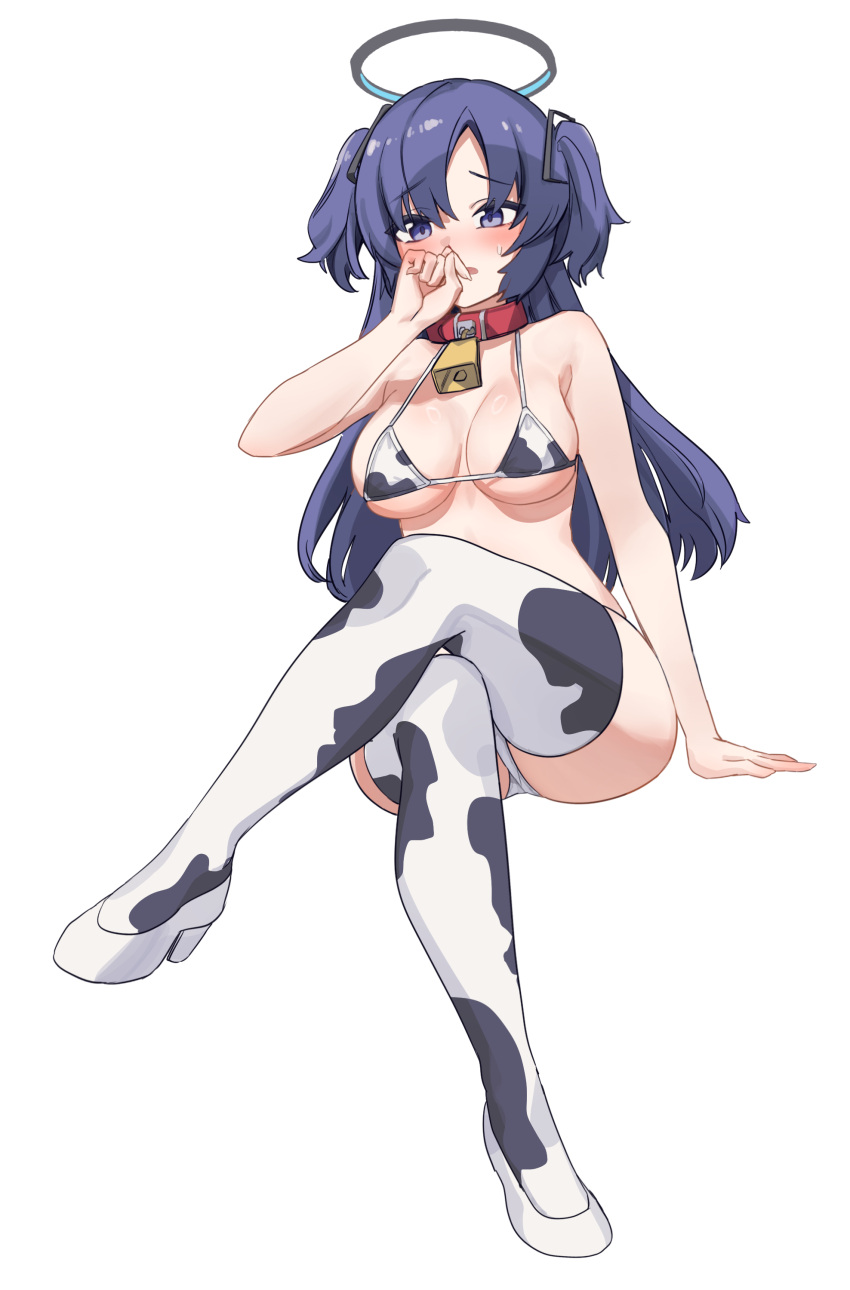1girl absurdres animal_print aningay bare_arms bare_shoulders bell bikini blue_archive blush breasts collar cow_print crossed_legs full_body halo hand_up high_heels highres long_hair medium_breasts neck_bell parted_bangs parted_lips print_bikini print_thighhighs purple_eyes purple_hair red_collar shoes simple_background small_sweatdrop solo sweat swimsuit thighhighs two_side_up very_long_hair white_background white_footwear yuuka_(blue_archive)