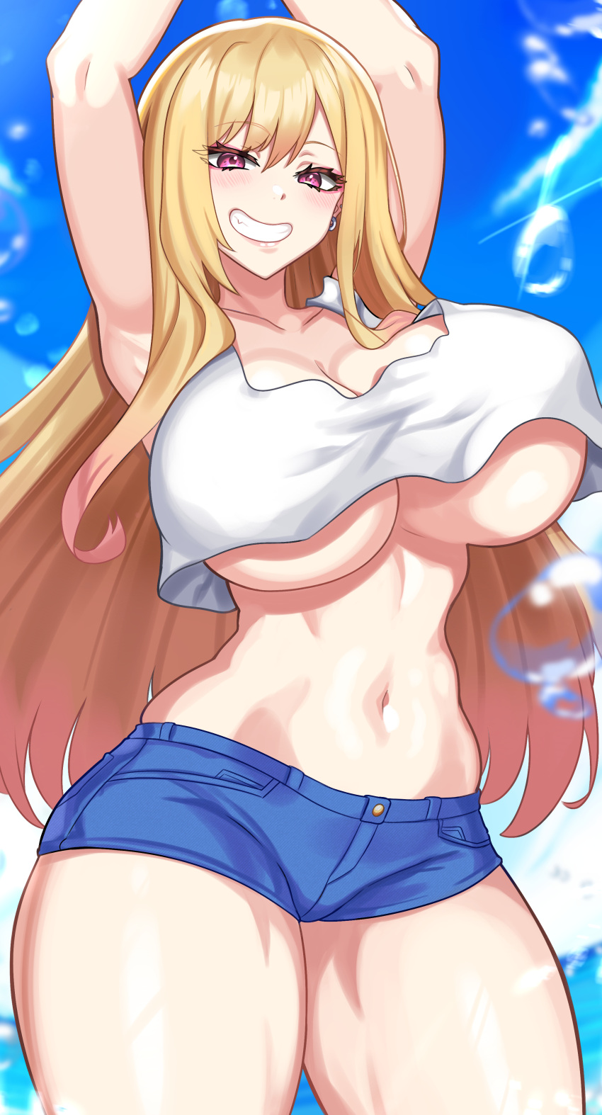 1girl absurdres arms_up blonde_hair blue_sky blush breasts collarbone commentary commission cowboy_shot crop_top crop_top_overhang day denim denim_shorts grin highres huge_breasts kitagawa_marin long_hair looking_at_viewer midriff navel nez-box pink_eyes short_shorts shorts sky smile solo sono_bisque_doll_wa_koi_wo_suru standing stomach tank_top thick_thighs thighs underboob very_long_hair white_tank_top