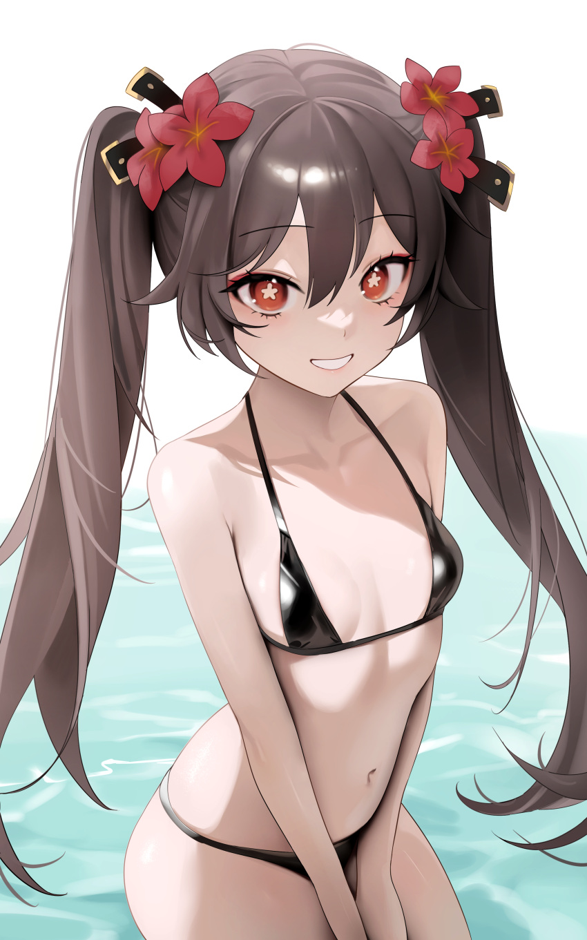 1girl absurdres bare_shoulders blush breasts brown_hair collarbone flower genshin_impact grin hair_flower hair_ornament highres hu_tao_(genshin_impact) long_hair long_sleeves looking_at_viewer navel rable red_eyes sidelocks small_breasts smile solo symbol-shaped_pupils twintails water