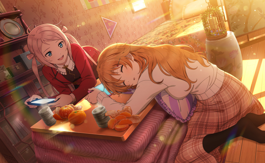 2girls absurdres bed bedroom birdcage blue_eyes blush cage cup food fruit grey_hair hair_ornament hairclip handheld_game_console highres holding holding_handheld_game_console indoors jacket konoe_kanata kotatsu leaning_forward long_hair long_skirt long_sleeves looking_at_another love_live! love_live!_nijigasaki_high_school_idol_club love_live!_school_idol_festival love_live!_school_idol_festival_2 mandarin_orange mole mole_under_eye multiple_girls official_art open_mouth orange_hair orange_peel pillow plaid plaid_skirt shelf skirt sleeping smile socks steam sunlight sweater table twintails wallpaper_(object) zhong_lanzhu