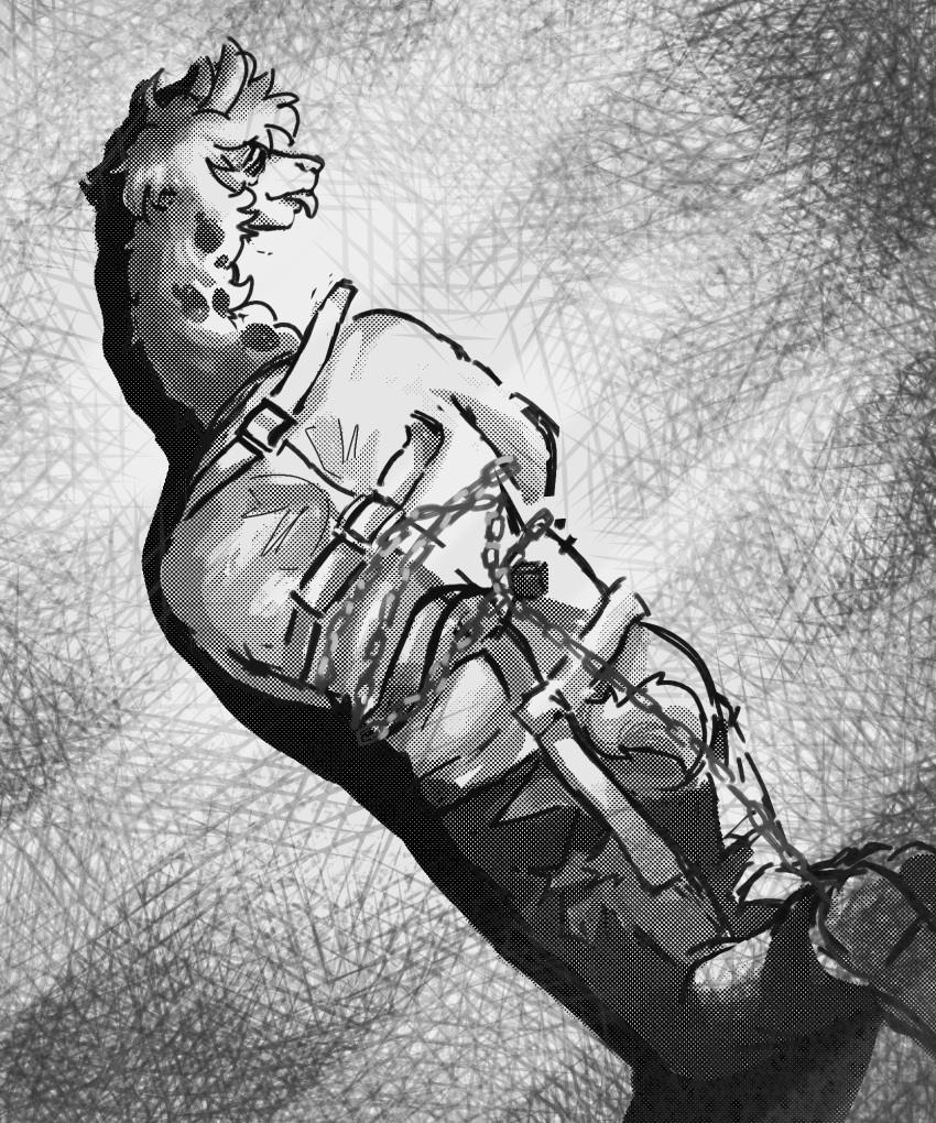 alpaca anthro black_and_white camelid chain chained digital_media_(artwork) eye_bags floor g_jamez hi_res humanoid insane jameslewis male mammal monochrome restraints solo straitjacket