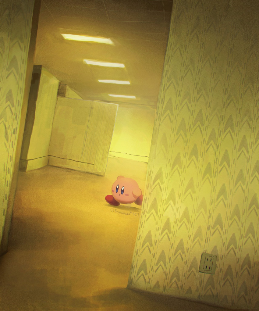 :o artist_name backrooms_(creepypasta) blue_eyes blush blush_stickers ceiling ceiling_light closed_mouth electrical_outlet fluorescent_lamp highres indoors kirby kirby_(series) no_humans running solo suyasuyabi tile_ceiling tiles twitter_username