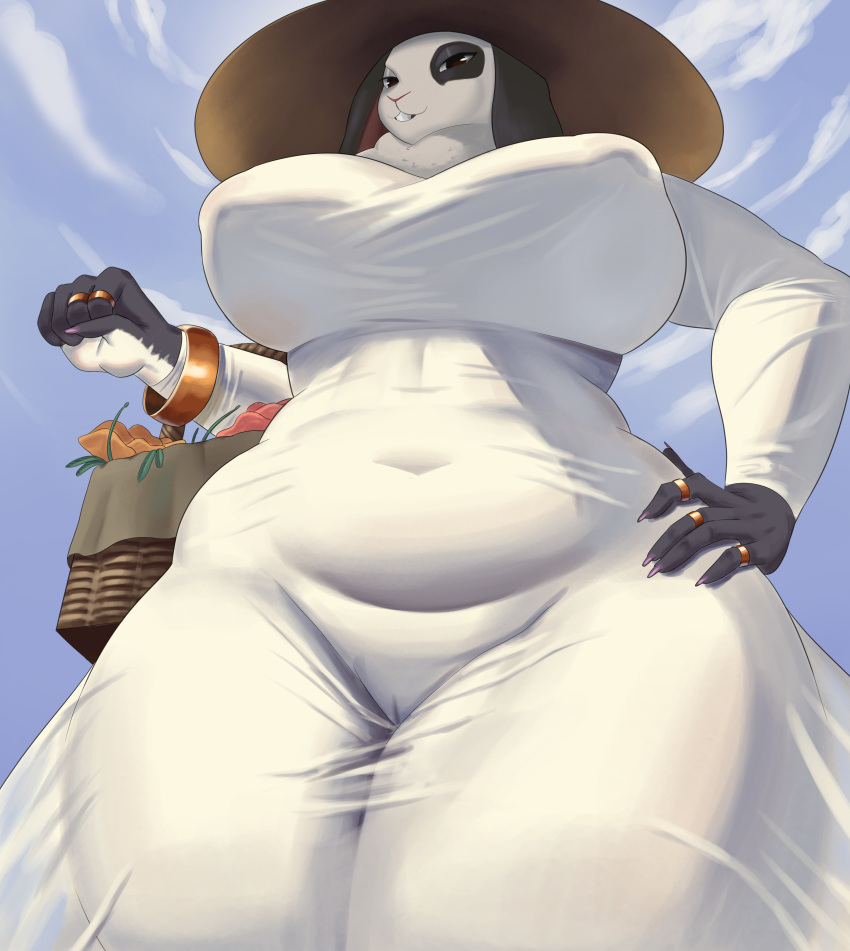 absurd_res anthro biped breasts camel_toe clothed clothing female fur goldcrustedchicken hat headgear headwear hi_res lagomorph leporid looking_at_viewer low-angle_view mammal multicolored_body multicolored_fur rabbit smile solo thick_thighs two_tone_body two_tone_fur