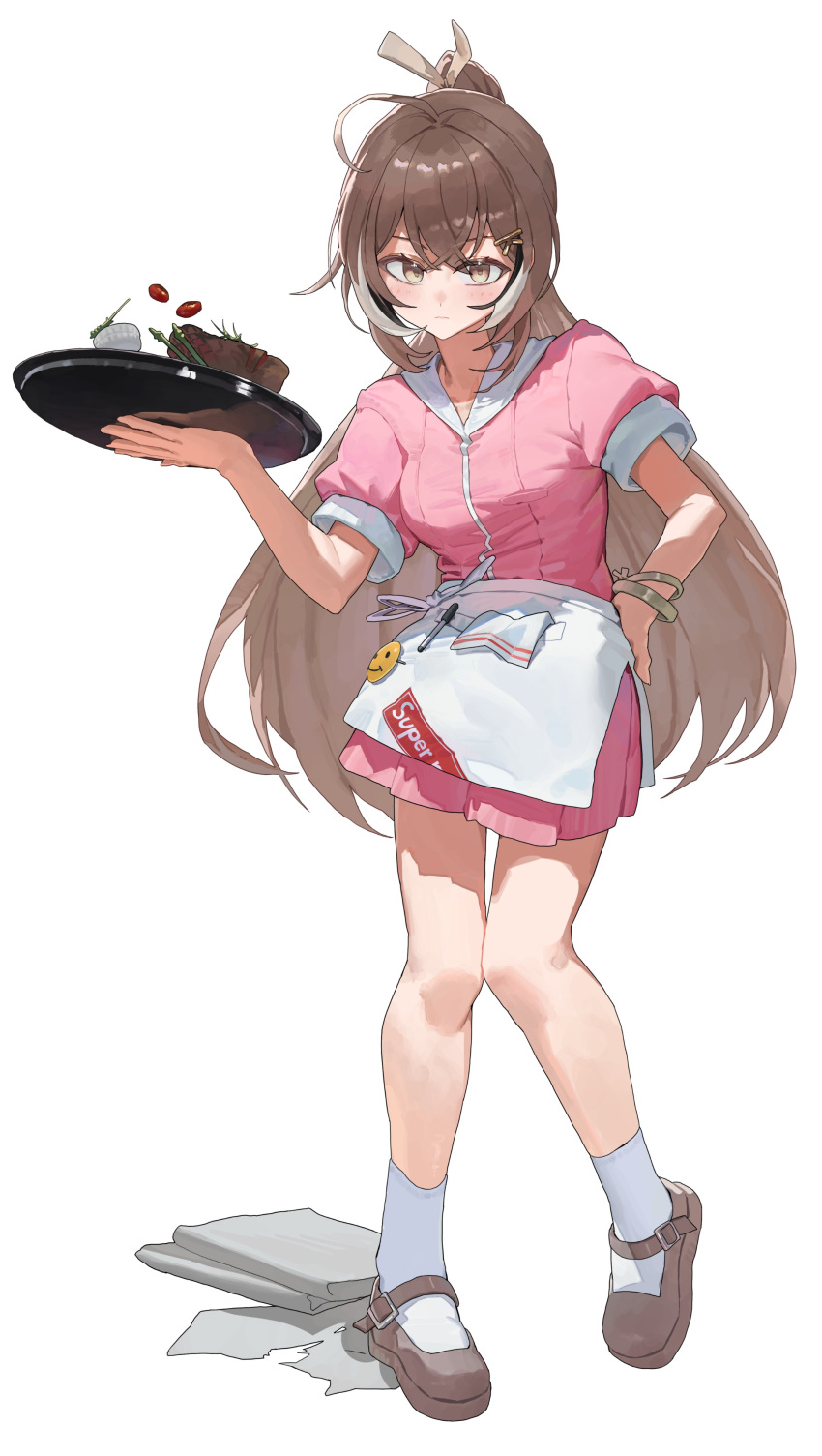 1girl absurdres ahoge alternate_costume apron badge brown_eyes brown_hair button_badge crossed_bangs double-parted_bangs dress employee_uniform hair_ornament hair_ribbon hairclip highres holding holding_tray hololive hololive_english knees_together_feet_apart long_hair looking_at_viewer mary_janes multicolored_hair nanashi_mumei napkin pen pink_dress ponytail puffy_short_sleeves puffy_sleeves ribbon shoes short_sleeves socks starshell streaked_hair tray uniform very_long_hair virtual_youtuber waist_apron waitress white_apron white_socks