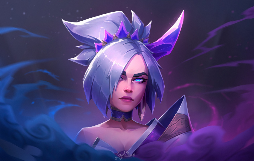 1girl absurdres angelmoonlight artist_name blue_eyes breasts cleavage collarbone highres horns league_of_legends long_hair looking_at_viewer medium_breasts parted_bangs ponytail portrait riven_(league_of_legends) single_bare_shoulder single_horn solo spirit_blossom_(league_of_legends) spirit_blossom_riven steam