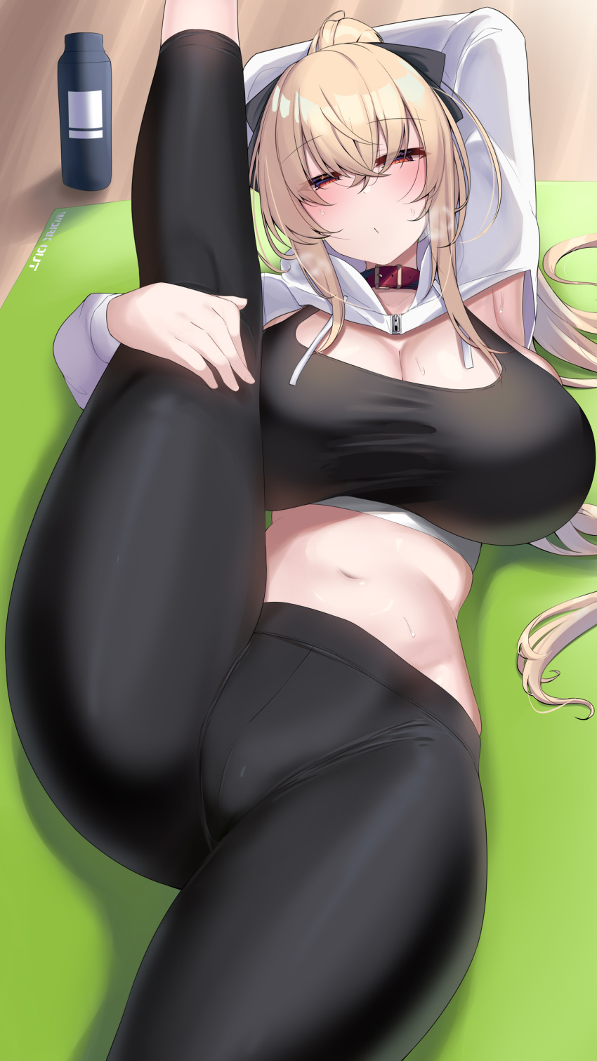 1girl abs absurdres armpits belt_collar black_sports_bra blonde_hair blush breasts cleavage collar exercising flexible gym highres huge_breasts kneepits kubiwa_(kutan) kutan leg_up leggings legs long_hair looking_at_viewer midriff navel original pants ponytail red_collar red_eyes shrug_(clothing) solo sports_bra sportswear stomach thighs tight_clothes tight_pants yoga_mat yoga_pants