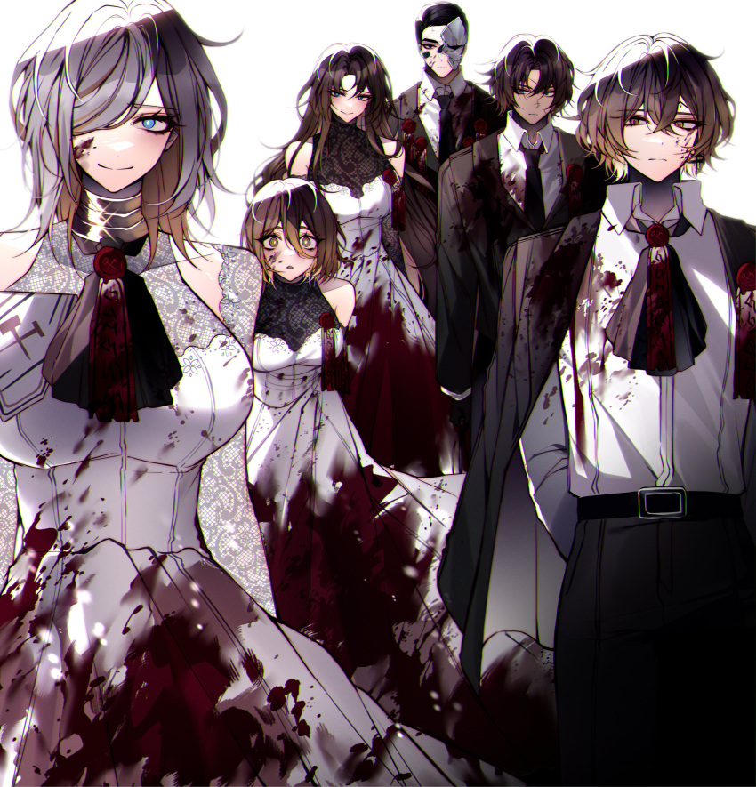 3boys 3girls absurdres ascot belt black_ascot black_belt black_eyes black_hair black_jacket black_necktie black_pants blonde_hair blood blood_on_clothes blood_on_face blue_eyes breasts broken_mask brown_eyes brown_hair cherry_oux cleavage closed_mouth collared_shirt commentary detached_sleeves don_quixote_(project_moon) dress faust_(project_moon) grey_hair hair_between_eyes hair_over_one_eye half_mask heathcliff_(project_moon) highres jacket jacket_on_shoulders lace_sleeves large_breasts limbus_company long_hair looking_at_viewer mask medium_breasts meursault_(project_moon) mole mole_under_eye multiple_boys multiple_girls necktie one_eye_covered open_clothes open_jacket pants project_moon rodion_(project_moon) scar scar_on_face see-through see-through_cleavage shirt short_hair simple_background sinclair_(project_moon) smile standing wax_seal wedding_dress white_background white_dress white_shirt wing_collar