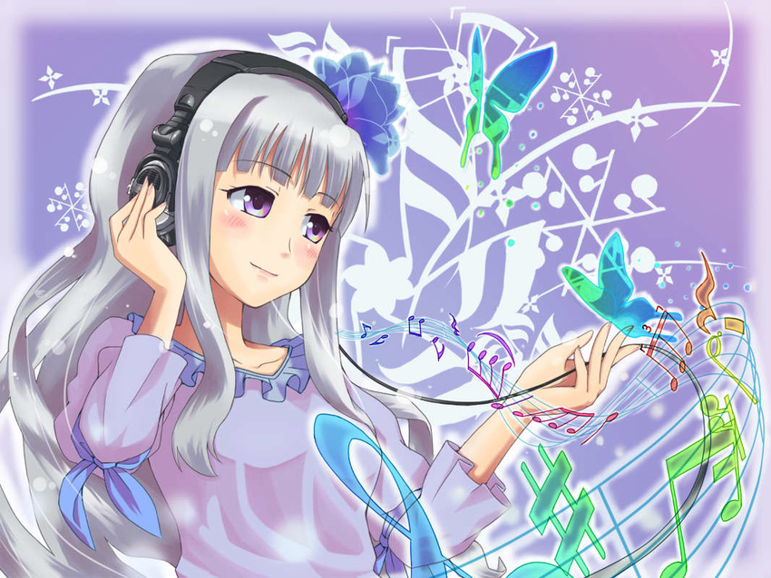 beamed_eighth_notes bug butterfly dotted_half_note eighth_note grey_eyes headphones idolmaster idolmaster_(classic) idolmaster_1 insect jpeg_artifacts listening_to_music long_hair maru_(sara_duke) musical_note non-web_source quarter_note quarter_rest sharp_sign shijou_takane silver_hair sixteenth_rest staff_(music) thighhighs treble_clef whole_rest