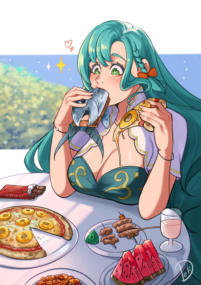 +_+ 1girl absurdres aqua_hair braid breasts candy chloe_(fire_emblem) chocolate chocolate_bar cleavage commentary deliciousbrain fire_emblem fire_emblem_engage food fruit green_eyes hands_up heart highres holding holding_food holding_pizza large_breasts long_hair pineapple_pizza pizza pizza_slice plate single_braid solo sparkle very_long_hair watermelon watermelon_slice