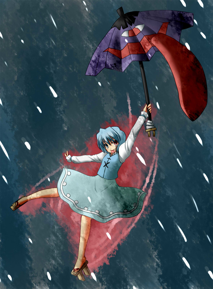 :p blue_eyes blue_hair geta heterochromia highres karakasa_obake purple_umbrella rain red_eyes solo tatara_kogasa tongue tongue_out touhou umbrella yu-ta