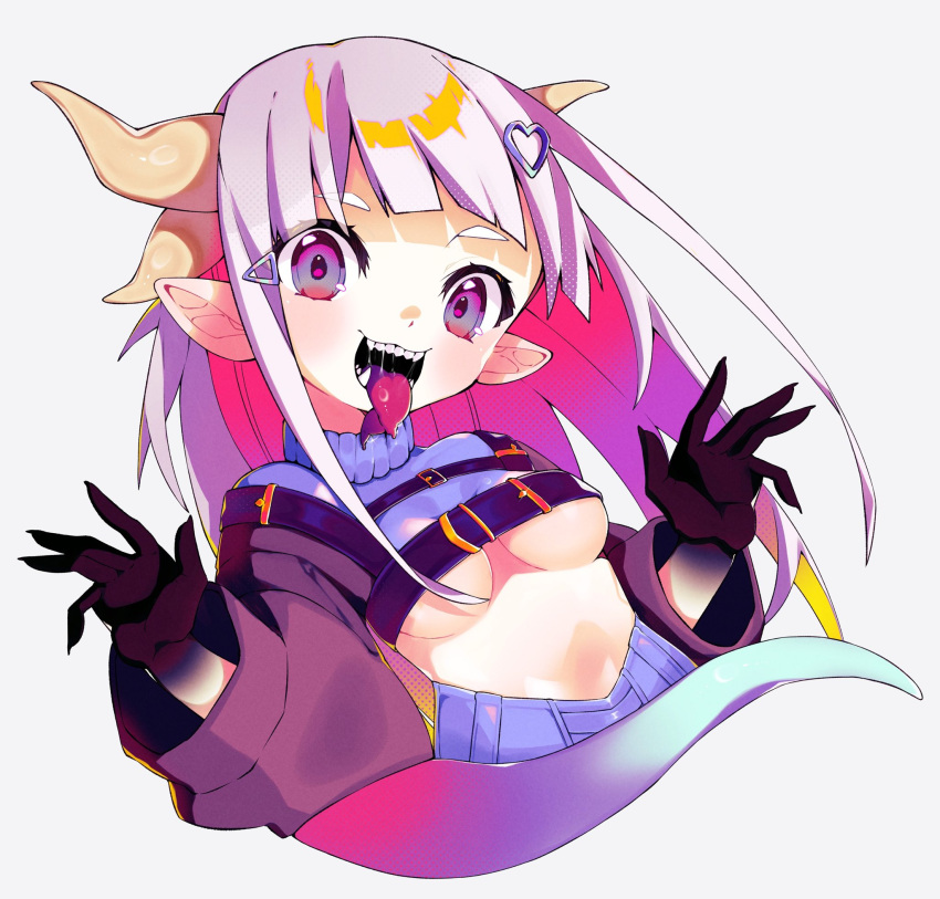 1girl black_gloves blush breasts crop_top cropped_torso gloves hair_ornament heart heart_hair_ornament highres horns long_hair looking_at_viewer multicolored_hair open_mouth original pink_hair pointy_ears purple_eyes purple_hair saliva shikkuro69 simple_background small_breasts smile solo teeth tongue tongue_out underboob white_background