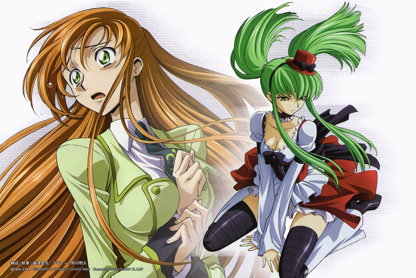 ashford_academy_uniform between_breasts black_legwear breasts c.c. choker cleavage code_geass dress frills green_eyes green_hair hand_between_breasts hat kimura_takahiro large_breasts long_hair long_legs multiple_girls necktie official_art orange_hair ribbon school_uniform shirley_fenette tears thighhighs twintails yellow_eyes