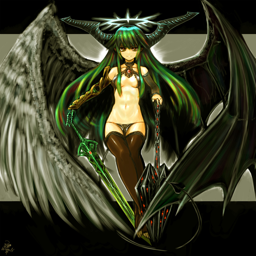 breasts commentary_request demon_girl green_eyes green_hair halo highres horns jewelry kotoba_noriaki long_hair mace midriff original panties pointy_ears red_eyes solo sword tail thighhighs underwear weapon wings