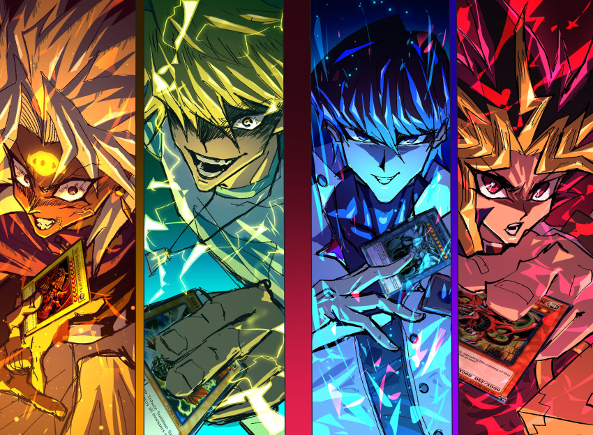 4boys black_hair blonde_hair boku_no_hero_academia card dark-skinned_male dark_skin earrings english_commentary gilford_the_lightning hair_between_eyes highres holding holding_card jewelry jonouchi_katsuya kaiba_seto looking_at_viewer male_focus millennium_puzzle multicolored_hair multiple_boys obelisk_the_tormentor open_mouth osiris_the_sky_dragon parody red_hair sonic1nstinct teeth the_winged_dragon_of_ra upper_body yami_marik yami_yugi yu-gi-oh! yu-gi-oh!_duel_monsters