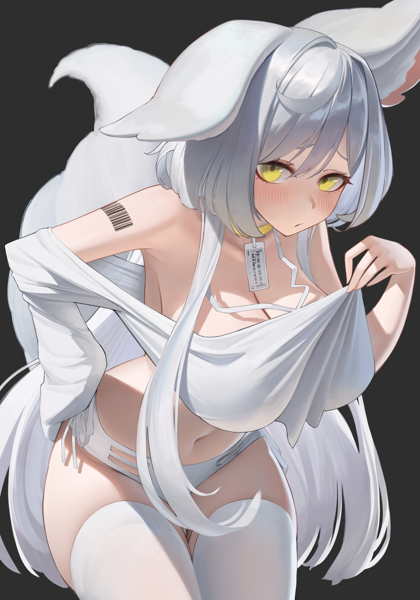 1girl absurdres animal_ears barcode barcode_tattoo blush breasts choker cleavage closed_mouth commentary commission cowboy_shot grey_hair hand_on_own_hip hantata highres large_breasts long_hair long_sleeves looking_at_viewer navel original panties raised_eyebrows shoulder_tattoo side-tie_panties sidelocks sleeves_past_wrists solo tattoo thighhighs underwear white_panties white_thighhighs yellow_choker yellow_eyes