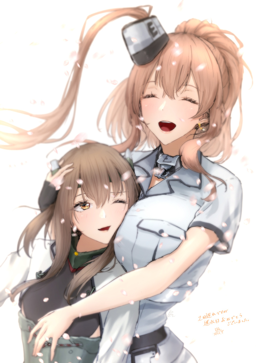 2girls absurdres blush breast_pocket breasts brown_eyes brown_hair closed_eyes commentary_request dress hair_between_eyes hair_ornament headband headgear highres kantai_collection long_hair multiple_girls one_eye_closed open_mouth petals pocket ponytail saratoga_(kancolle) short_sleeves shushan simple_background small_breasts smokestack_hair_ornament taihou_(kancolle) white_background white_dress