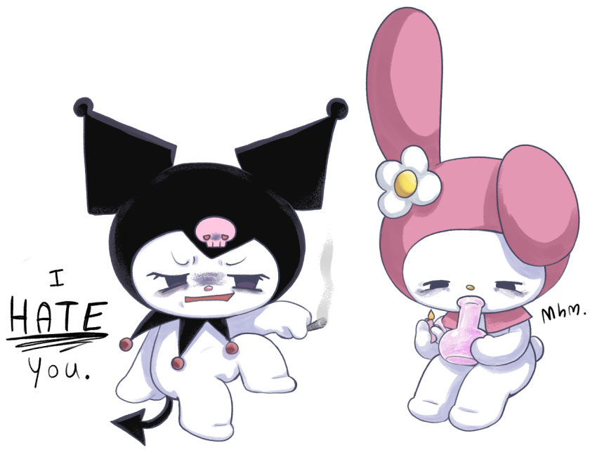 angry_expression anthro bong chibi drugs duo female kuromi lagomorph lighter mammal marijuana my_melody onegai_my_melody sanrio spade_tail tail touboutenshi