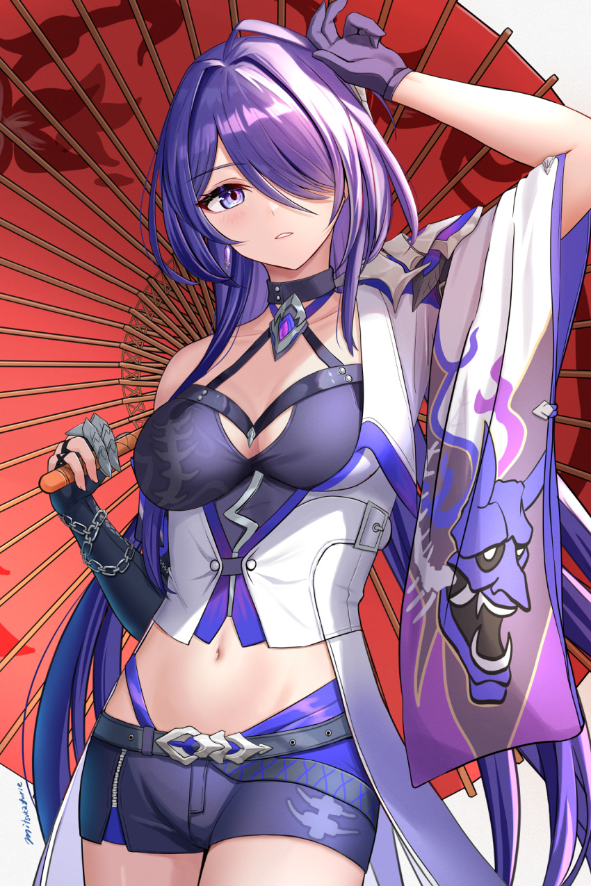 1girl acheron_(honkai:_star_rail) arm_up artist_name asymmetrical_gloves blue_eyes blue_shorts blush breasts chain collarbone cowboy_shot gloves hair_over_one_eye highres holding holding_umbrella honkai:_star_rail honkai_(series) large_breasts long_hair looking_at_viewer mismatched_gloves mitsukayurie navel one_eye_covered parted_lips purple_gloves purple_hair short_shorts shorts simple_background single_bare_shoulder stomach umbrella white_background