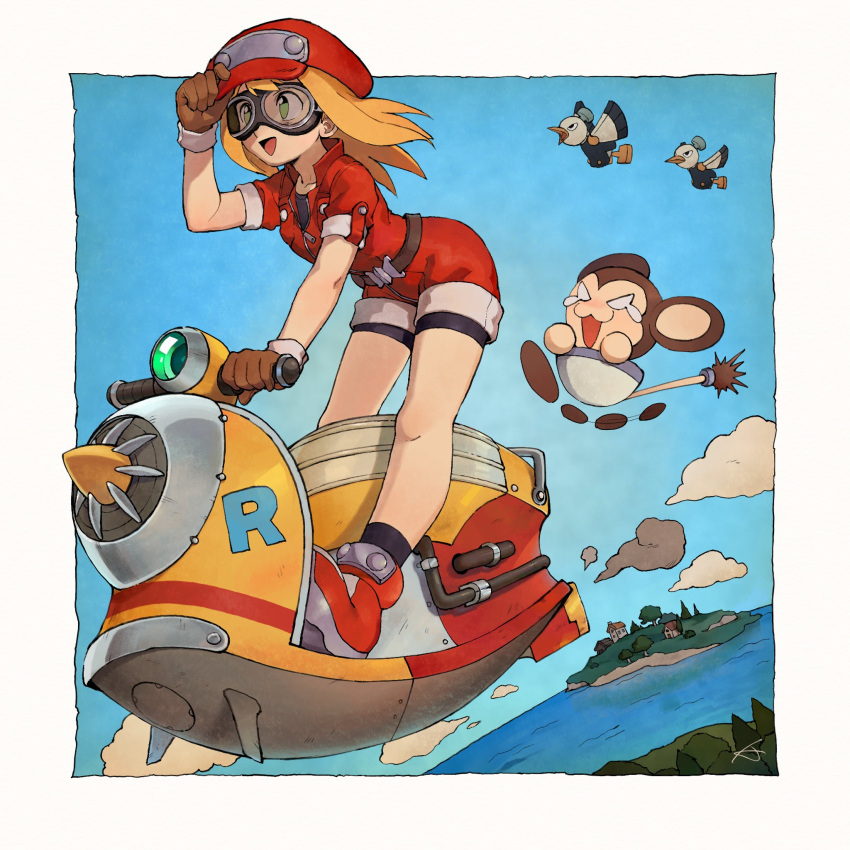 1girl afterimage black_bodysuit blonde_hair blue_background blue_sky bodysuit bodysuit_under_clothes breasts cabbie_hat cloud data_(mega_man) goggles green_eyes hat highres hover_bike island jumpsuit medium_breasts medium_hair mega_man_(series) mega_man_legends_(series) non-humanoid_robot ocean red_jumpsuit riding robot robot_animal roll_caskett_(mega_man) sky touhou3939 tree