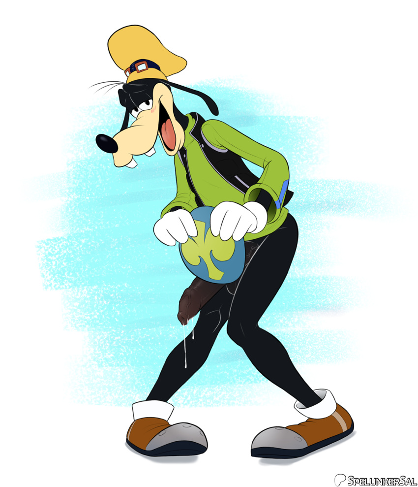 anthro bottomless canid canine canis clothed clothing covering covering_self disney domestic_dog foreskin genitals goofy_(disney) hi_res humanoid_genitalia humanoid_penis male mammal penis solo spelunker_sal