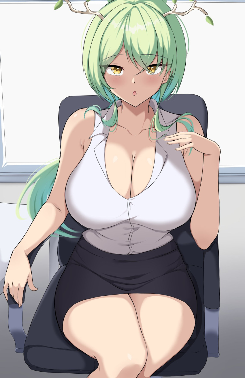 1girl blush breasts ceres_fauna cleavage collarbone green_hair highres holocouncil hololive hololive_english horns large_breasts looking_at_viewer office_lady open_clothes open_mouth open_shirt ponytail sitting skirt solo thick_thighs thighs yellow_eyes zeropen