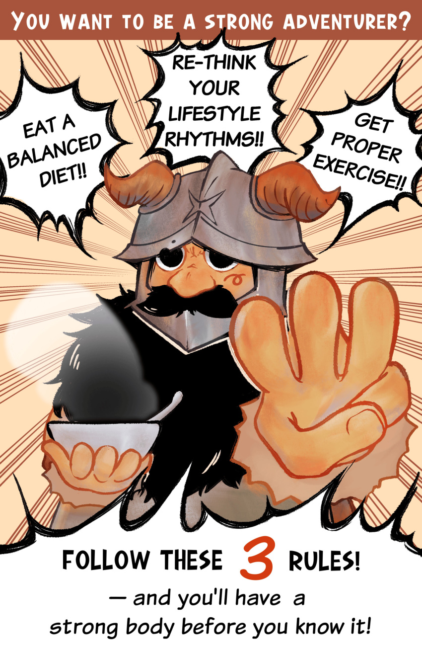 1boy absurdres beard bowl brown_hair dungeon_meshi dwarf english_text facial_hair fake_horns finger_counting frown hand_up helmet highres holding holding_bowl horned_helmet horns long_beard looking_at_viewer male_focus outstretched_hand senshi_(dungeon_meshi) solo speech_bubble sunfishingart thick_mustache upper_body very_long_beard