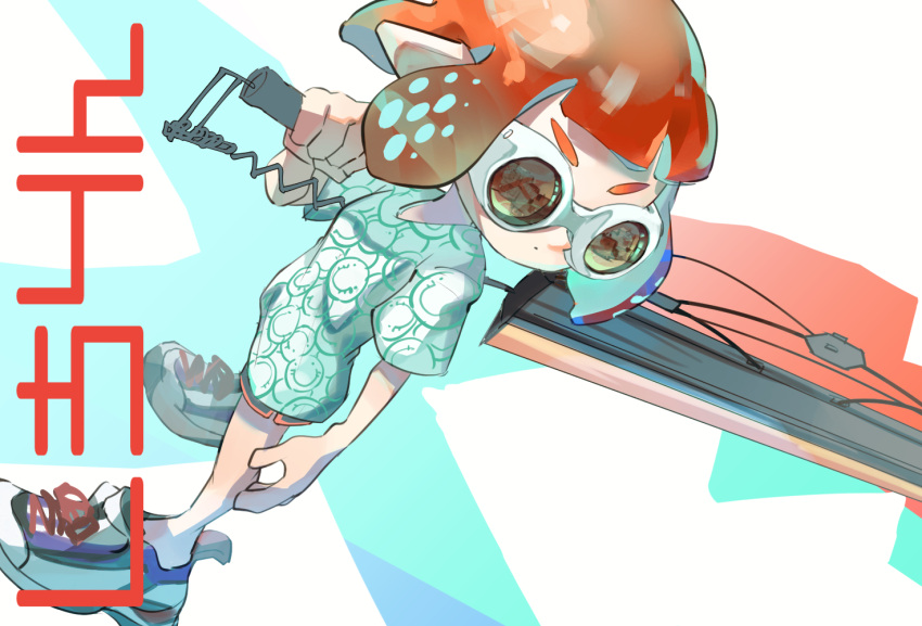 1girl black_shorts goggles hand_up holding inkling inkling_girl inkling_player_character koike3582 long_shirt multicolored_footwear orange-tinted_eyewear orange_hair pointy_ears shoelaces shoes short_hair short_sleeves shorts side_slit side_slit_shorts solo splatana_wiper_(splatoon) splatoon_(series) standing tentacle_hair tinted_eyewear v-shaped_eyebrows