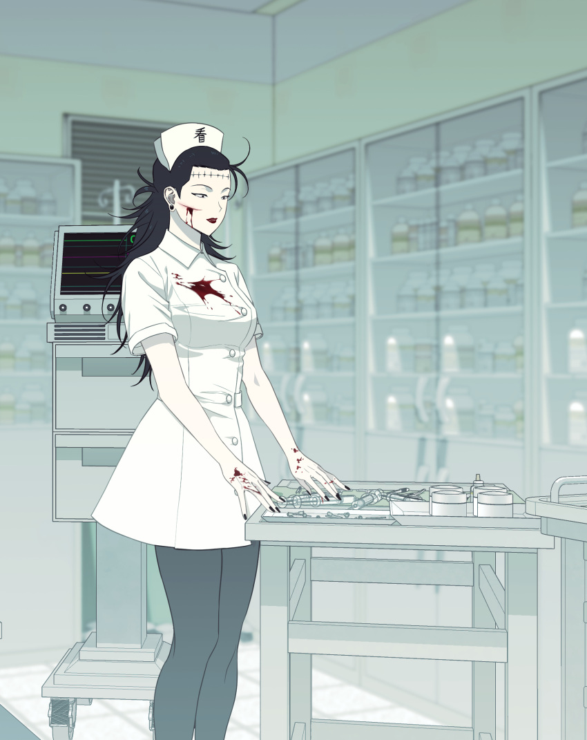 1girl black_hair black_nails blood blood_on_clothes blood_on_face blood_on_hands buttons closed_mouth coat_dress cuts double-breasted dress earrings feet_out_of_frame genderswap genderswap_(mtf) getou_suguru getou_suguru_(kenjaku) goge_lara572 hat highres indoors injury jewelry jujutsu_tech_uniform long_hair navel nurse nurse_cap pantyhose pharmacy red_lips short_sleeves solo standing stitched_face stitches stud_earrings white_dress