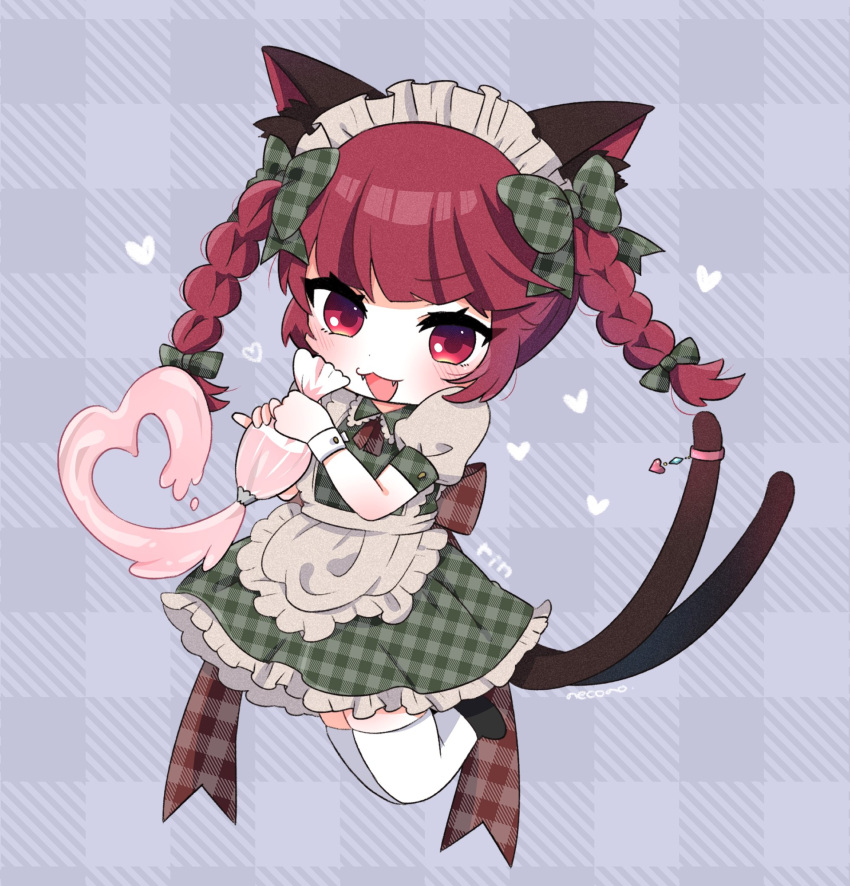 1girl :3 :d alternate_costume animal_ears apron back_bow blush bow braid cat_ears cat_tail character_name checkered_background checkered_clothes checkered_dress chibi cream dress fangs food frills green_bow heart highres jumping kaenbyou_rin maid multiple_tails necono_(nyu6poko) plaid plaid_dress puffy_short_sleeves puffy_sleeves red_eyes red_hair short_sleeves signature simple_background smile solo squeezing tail tail_ornament tail_ring thighhighs touhou twin_braids two_tails white_thighhighs