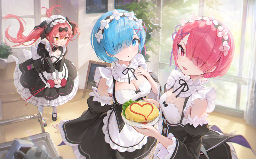 3girls absurdres apron black_bow black_dress black_footwear black_sleeves blue_eyes bow breasts brown_eyes closed_mouth cocoa_(nikke) crossover detached_sleeves dress eyes_visible_through_hair food frilled_dress frills goddess_of_victory:_nikke hair_bow hair_over_one_eye hansum highres holding holding_plate ketchup_bottle long_hair maid_apron maid_headdress multiple_girls omelet omurice open_mouth pantyhose pink_eyes plate ram_(re:zero) re:zero_kara_hajimeru_isekai_seikatsu rem_(re:zero) short_hair siblings sisters squeezing twins twintails white_apron white_pantyhose