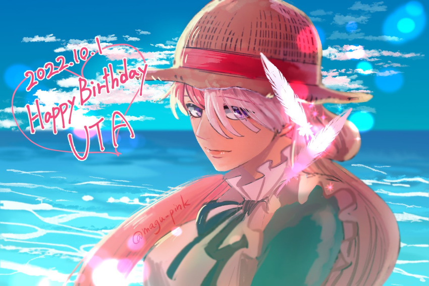 1girl character_name commentary_request dated dress feathers frilled_dress frills happy_birthday hat looking_at_viewer magu_pink multicolored_hair neck_ribbon ocean one_piece purple_hair red_hair ribbon sky straw_hat twintails twitter_username two-tone_hair upper_body uta_(one_piece) white_hair