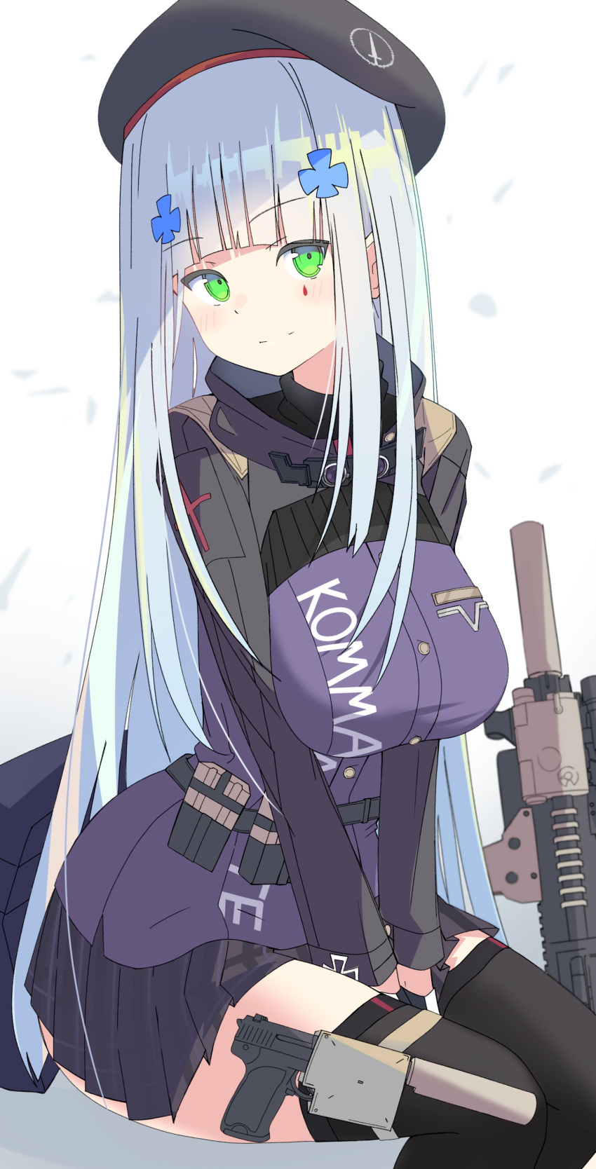 1girl absurdres aqua_hair black_beret black_skirt black_thighhighs blunt_bangs commentary girls'_frontline green_eyes highres hk416_(girls'_frontline) holster jacket long_hair looking_at_viewer military_jacket pleated_skirt potryka2000 skirt smile solo split_mouth teardrop_facial_mark thigh_holster thighhighs