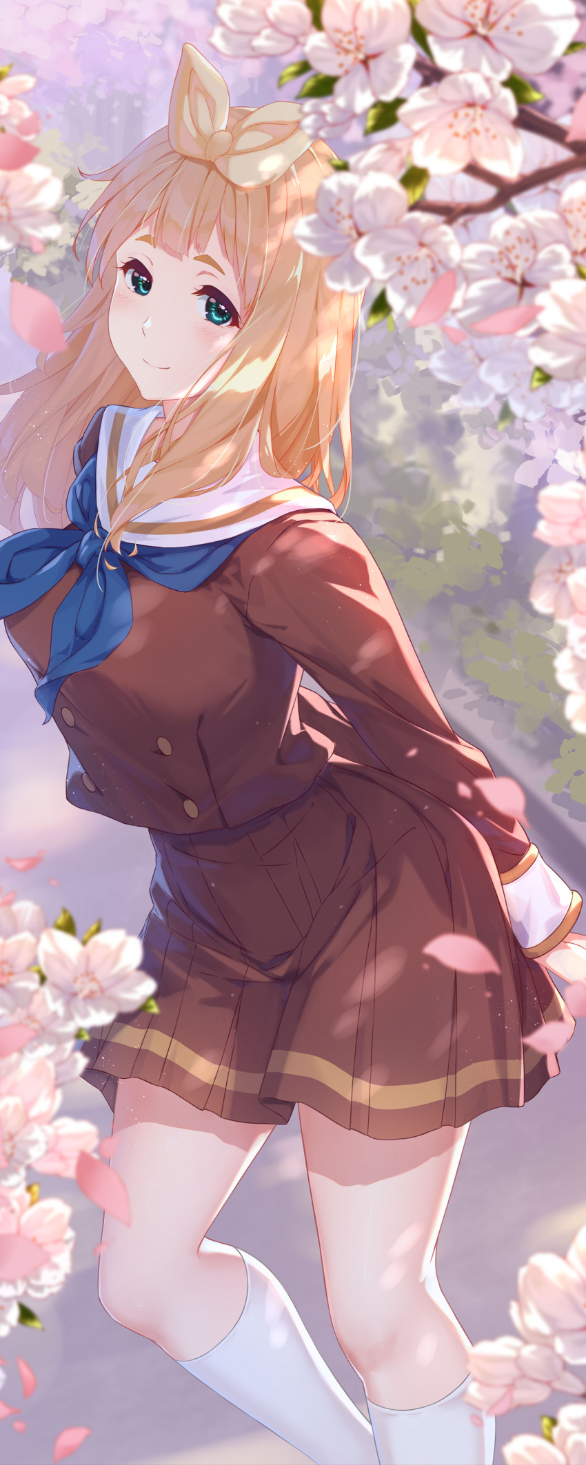 1girl absurdres blue_neckerchief blush breasts brown_hair brown_serafuku brown_shirt brown_skirt cherry_blossoms closed_mouth commentary day green_eyes hair_ribbon hibike!_euphonium highres kitauji_high_school_uniform kneehighs kurenaiz_(kureniz) light_particles long_hair long_sleeves looking_at_viewer medium_breasts neckerchief outdoors pleated_skirt ribbon sailor_collar school_uniform serafuku shirt sidelocks skirt socks solo white_sailor_collar white_socks yoshikawa_yuuko