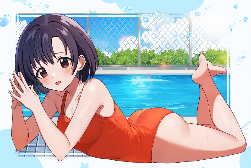 1girl ass bare_shoulders barefoot black_hair blue_sky blush breasts brown_eyes bush chain-link_fence collarbone commentary day dot_nose fence from_side full_body hands_up idolmaster idolmaster_cinderella_girls idolmaster_cinderella_girls_starlight_stage legs_up looking_at_viewer lying mohemohemincho on_stomach one-piece_swimsuit open_mouth outdoors outside_border pool poolside red_one-piece_swimsuit shiragiku_hotaru short_hair shy sky small_breasts smile solo splashing steepled_fingers swimsuit wet