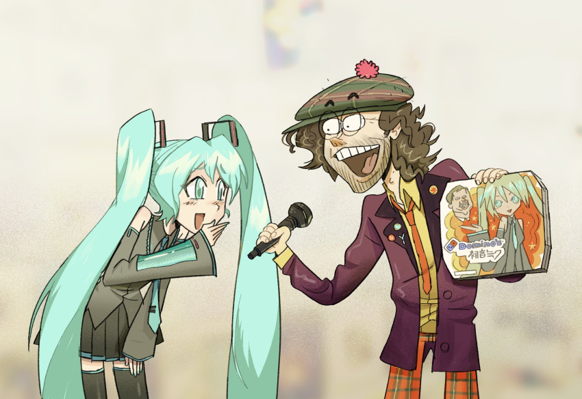 1boy 1girl aqua_eyes aqua_hair aqua_necktie beard black_skirt black_thighhighs blush brown_hair collared_shirt detached_sleeves domino's_pizza english_commentary facial_hair glasses green_hat grey_shirt hair_ornament hatsune_miku highres holding holding_microphone jacket long_hair long_sleeves looking_at_another medium_hair messy_hair microphone nardwuar necktie open_mouth orange_necktie pants pizza_box plaid plaid_pants pleated_skirt purple_jacket real_life robert_gilliam shirt skirt teeth thighhighs toon_(style) twintails upper_teeth_only vocaloid yellow_shirt