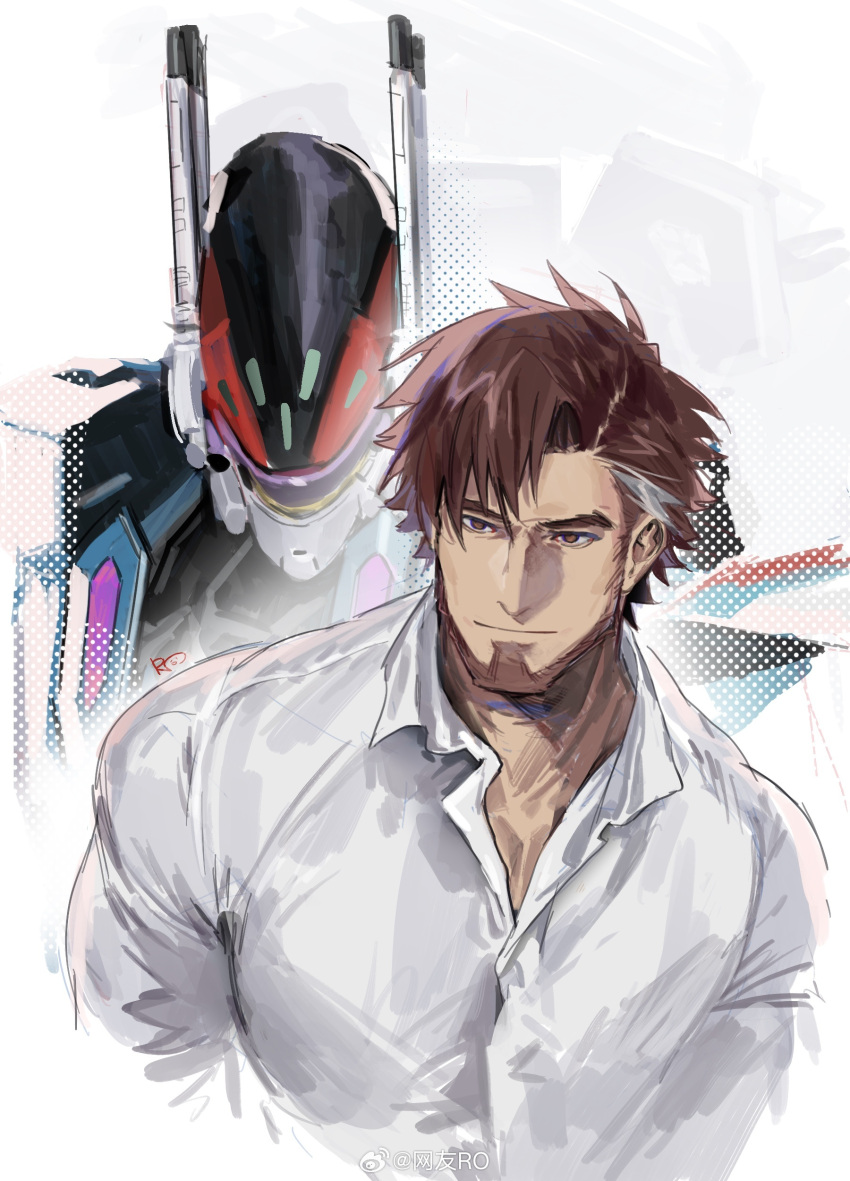 1boy absurdres arad_molders bara beard brown_eyes brown_hair collared_shirt cropped_torso facial_hair full_beard highres large_pectorals light_smile looking_ahead macross macross_delta male_focus mature_male multiple_views muscular muscular_male pectoral_cleavage pectorals shirt thick_eyebrows tsurime wangyou_ro wavy_hair