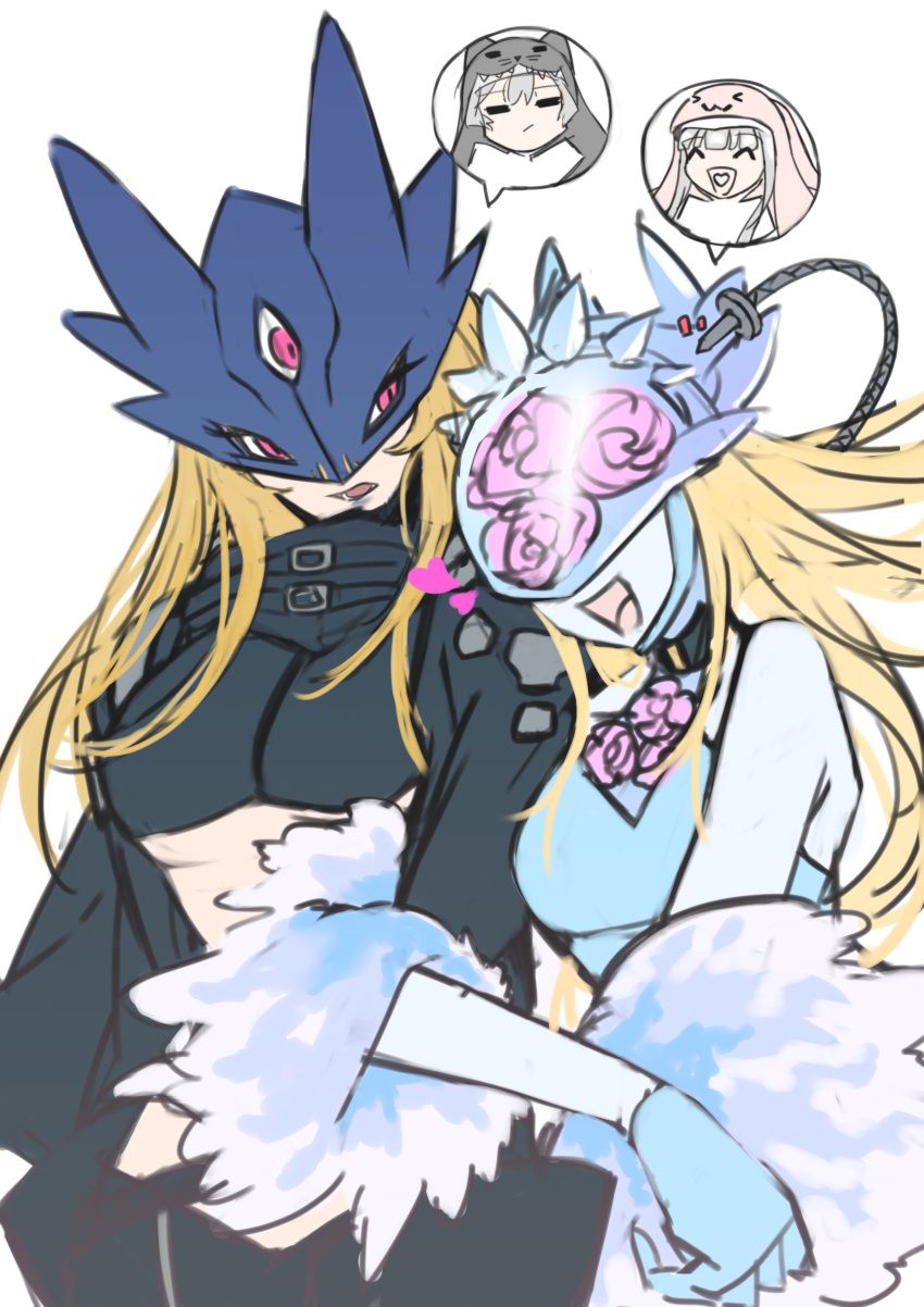 2girls absurdres aqua_gloves aqua_leotard bare_shoulders beelstarmon black_coat black_shirt blonde_hair breasts cendrillmon coat commentary_request covered_eyes crop_top digimon digimon_(creature) evolutionary_line eye_mask floral_print fur_coat gloves helmet helmet_over_eyes highres jiyuuya large_breasts locked_arms long_hair looking_at_another medium_breasts multiple_girls open_mouth pink_eyes print_headwear print_helmet print_leotard rose_print shirt simple_background sistermon_blanc sistermon_noir smile third_eye underboob upper_body white_background