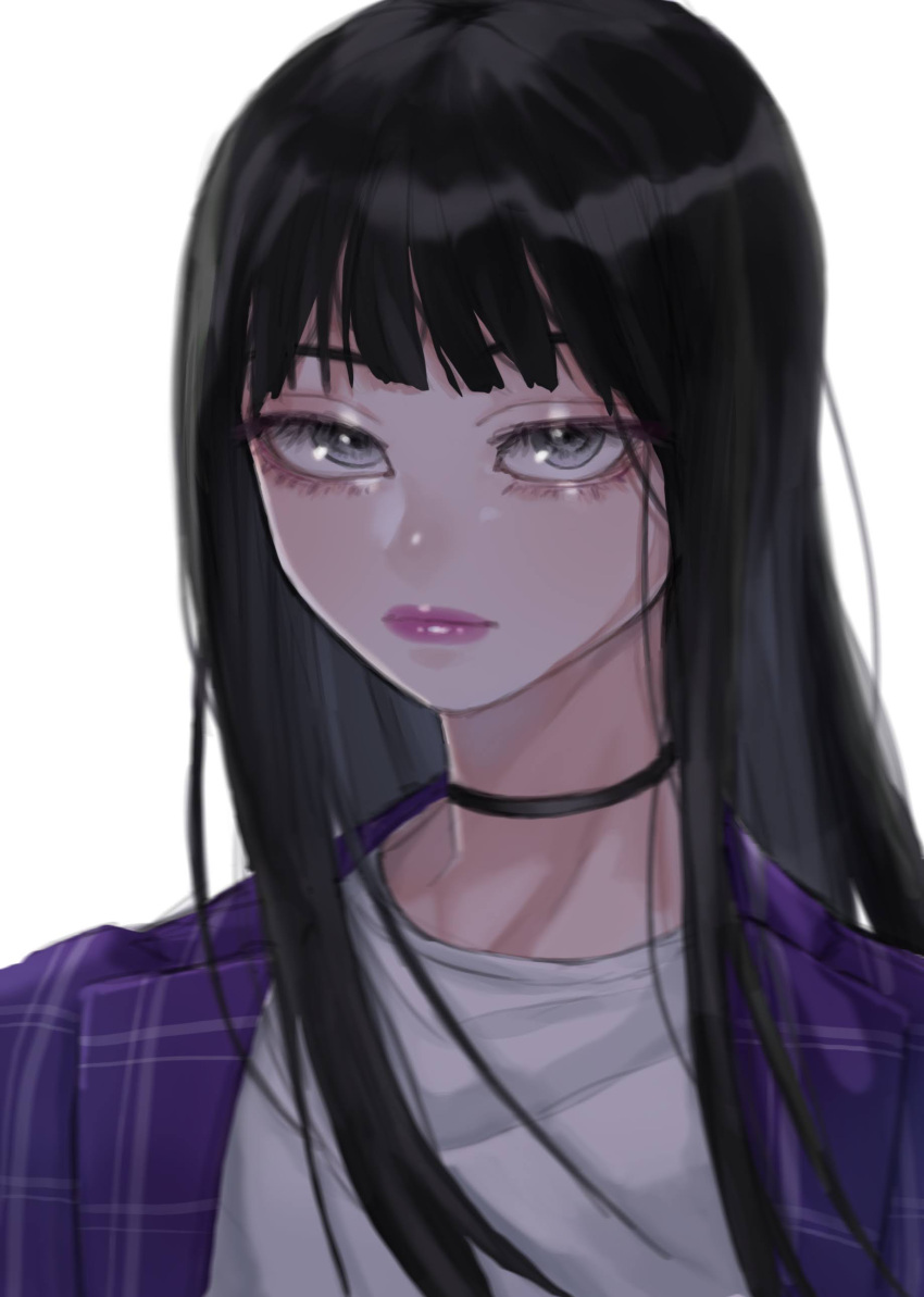 1girl absurdres black_hair blunt_bangs blush breasts chicken31 choker expressionless highres hime_cut lips lipstick long_hair looking_at_viewer makeup original shirt solo straight_hair white_background