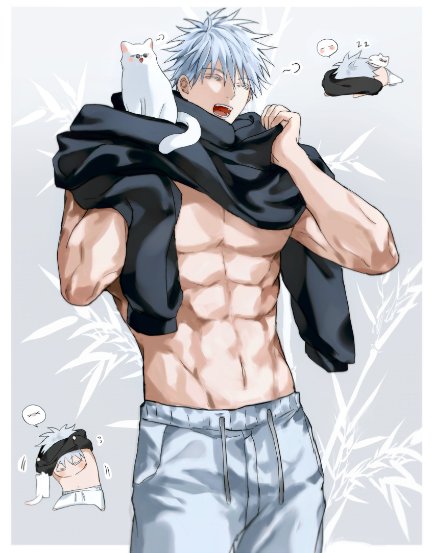 &gt;_&lt; 1boy abs absurdres animalization black_hoodie border cat chibi chibi_inset closed_eyes cowboy_shot dressing floral_background gojou_satoru grey_background highres hood hoodie jujutsu_kaisen male_focus muscular muscular_male open_mouth pants sleeping spoken_expression sunglasses teeth track_pants white_border white_cat white_hair white_pants yawning yoon_(dmsco1803) zzz