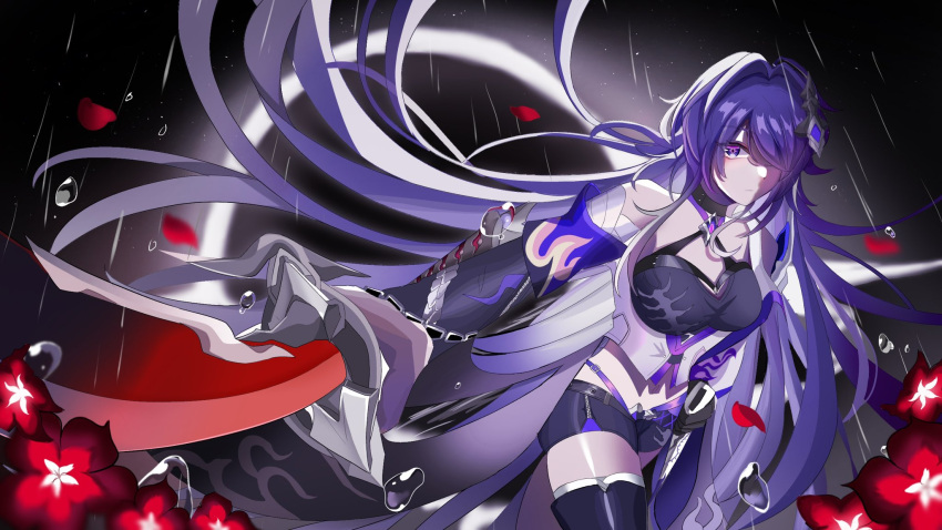 1girl acheron_(honkai:_star_rail) armor belt black_choker black_shorts body_markings boots breasts choker cleavage cowboy_shot fiasco_1_1 flower gloves hair_ornament halterneck highres holding holding_sword holding_weapon honkai:_star_rail honkai_(series) katana long_hair looking_at_viewer midriff navel purple_eyes purple_hair rain red_flower short_shorts shorts shoulder_armor single_bare_shoulder solo sword thighs very_long_hair water_drop weapon