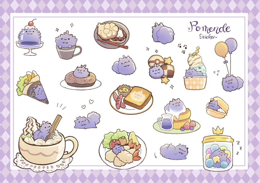 animalization balloon border cherry commentary_request cup flying_sweatdrops food fruit highres holding ice_cream lemon lemon_slice leon_(pokemon) lettuce multiple_views no_humans notice_lines pancake plate pokemon pokemon_swsh sausage sleeping sparkle strawberry tomato white_background yunoru zzz