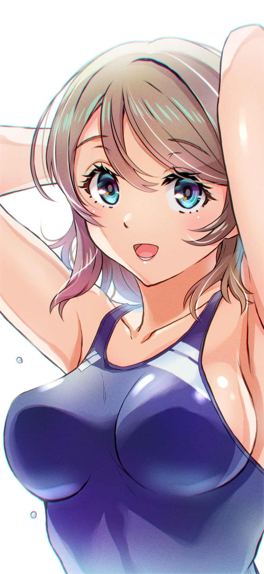 1girl absurdres armpit_crease armpits arms_up blush breasts brown_hair collarbone gonta_(gshoutai) highres love_live! love_live!_sunshine!! one-piece_swimsuit open_mouth perky_breasts simple_background swimsuit watanabe_you wavy_hair