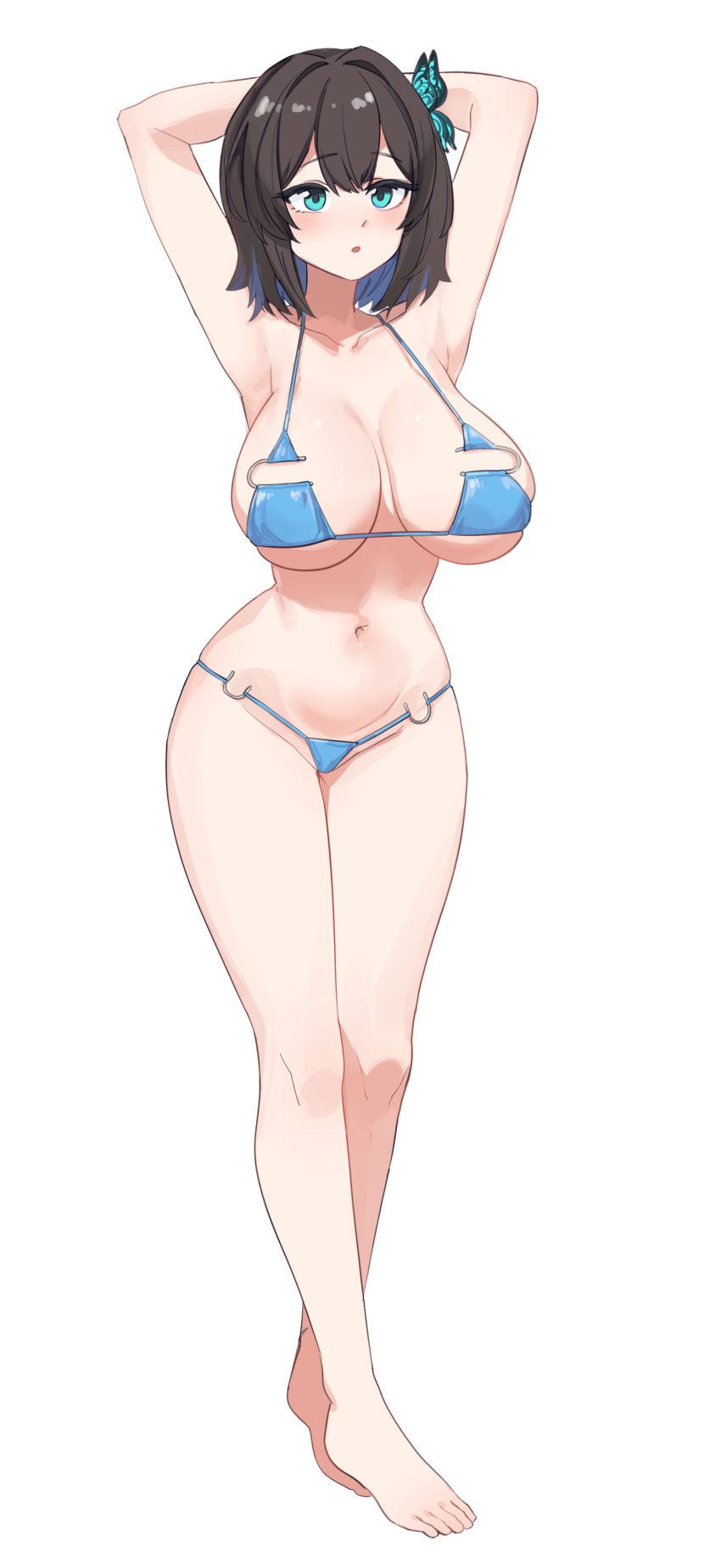 1girl absurdres aningay bikini black_hair blue_bikini breasts feet florida_bikini green_eyes highres indie_virtual_youtuber large_breasts legs panties podochan_(vtuber) short_hair standing stomach swimsuit underwear white_background