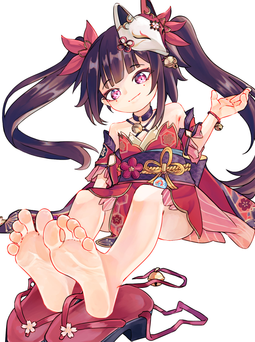 1girl armpit_crease barefoot bell black_hair black_sash breasts chaosexceed closed_mouth detached_sleeves dress eyebrows_hidden_by_hair feet flower foot_focus fox_mask full_body hair_between_eyes hair_flower hair_ornament highres honkai:_star_rail honkai_(series) jingle_bell jingle_bell_earrings long_hair mask obi pink_eyes red_dress sandals sash simple_background sitting small_breasts smile soles solo sparkle_(honkai:_star_rail) toes twintails unworn_footwear unworn_mask white_background