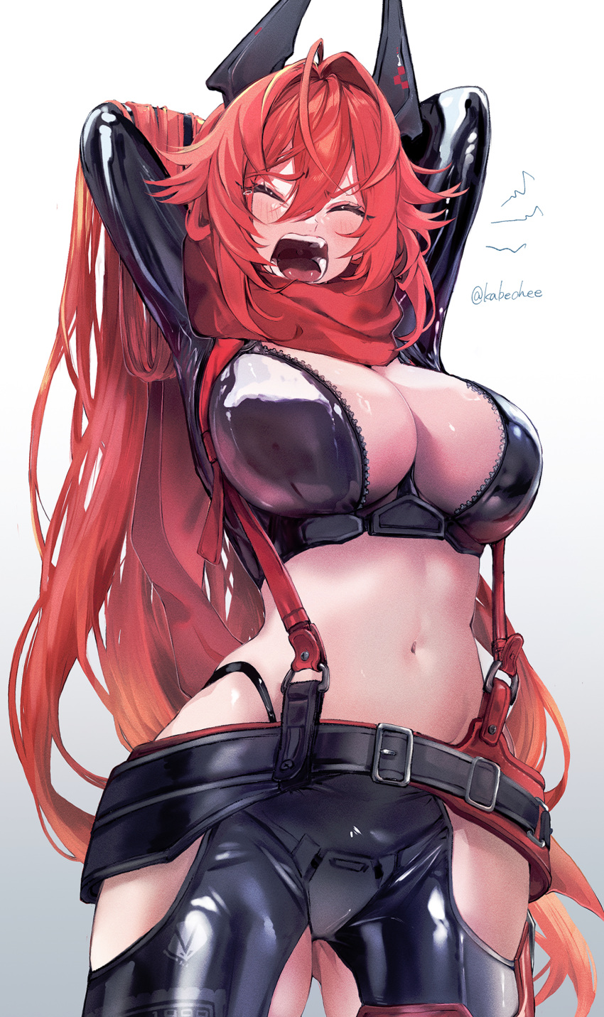 1girl absurdres ahoge arms_behind_head arms_up belt between_breasts black_belt breasts chikabe cleavage closed_eyes commentary_request cowboy_shot cropped_jacket crotch_plate goddess_of_victory:_nikke hair_between_eyes hair_flaps highres hip_vent horns jacket large_breasts leather leather_jacket leather_pants long_hair long_sleeves mechanical_horns midriff navel open_mouth pants red_hair red_hood_(nikke) red_scarf scarf sidelocks simple_background solo standing strap_between_breasts stretching suspenders teeth twitter_username unzipped white_background yawning zipper