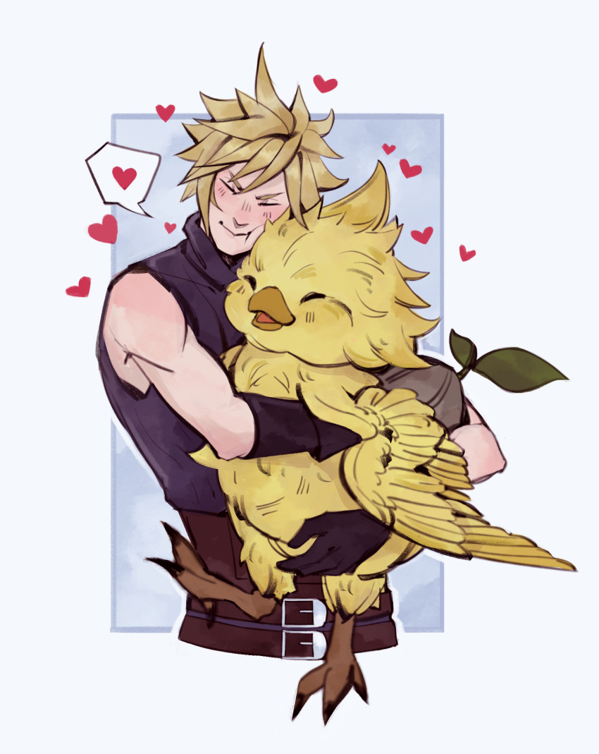 1boy 1other bare_shoulders beak belt belt_buckle bird black_gloves blonde_hair blue_background blue_shirt blush brown_belt buckle chick chocobo closed_eyes cloud_strife cropped_torso feathers final_fantasy final_fantasy_vii final_fantasy_vii_rebirth final_fantasy_vii_remake gloves heart highres hug male_focus multiple_belts robasarel shirt short_hair sleeveless sleeveless_turtleneck smile spiked_hair spoken_heart turtleneck upper_body yellow_feathers